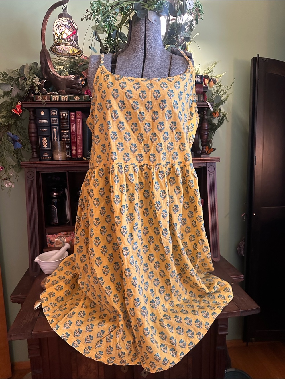 Natural Life Yellow Turquoise Blockprint Dress Large Sundress Tank Dress